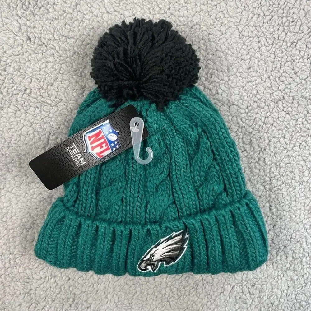 Girls Youth NFL One Size Green Philadelphia Eagles Cable Cuffed Knit Hat w/ Pom